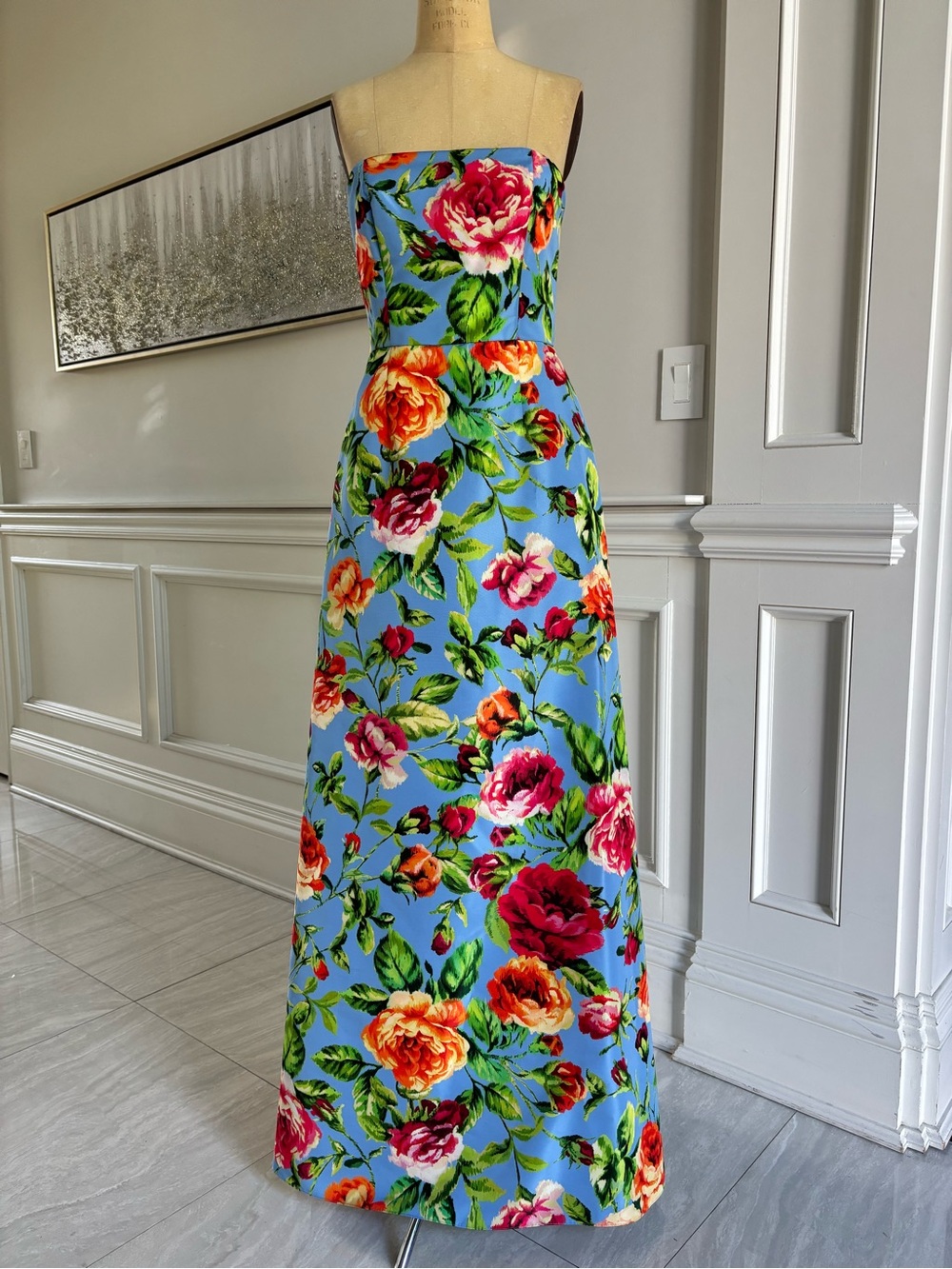 Designer Strapless Blue Floral Maxi Dress NWOT